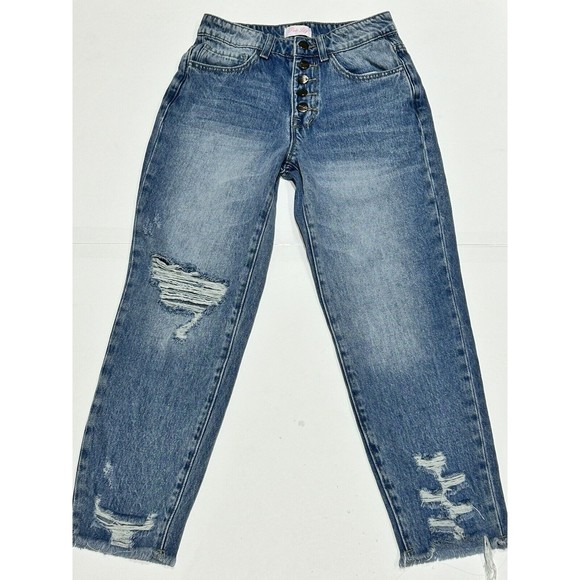 Pink Lily Mom Jeans Women’s Blue Distressed Straight Let Pockets‎ Size 0 - Picture 1 of 6